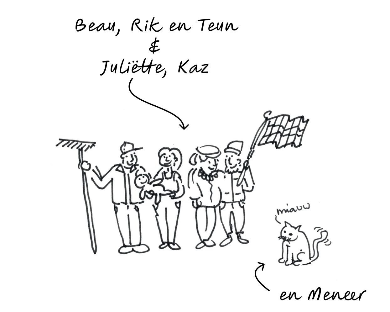 Tekening van Beau, Rik en Teun, Juliëtte en Kaz, en kat Meneer